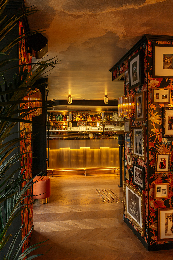 Diseño interior de Karaoke Wagram en París, proyecto de Pablo Peyra Studio. Vista de la entrada al bar coctelería.