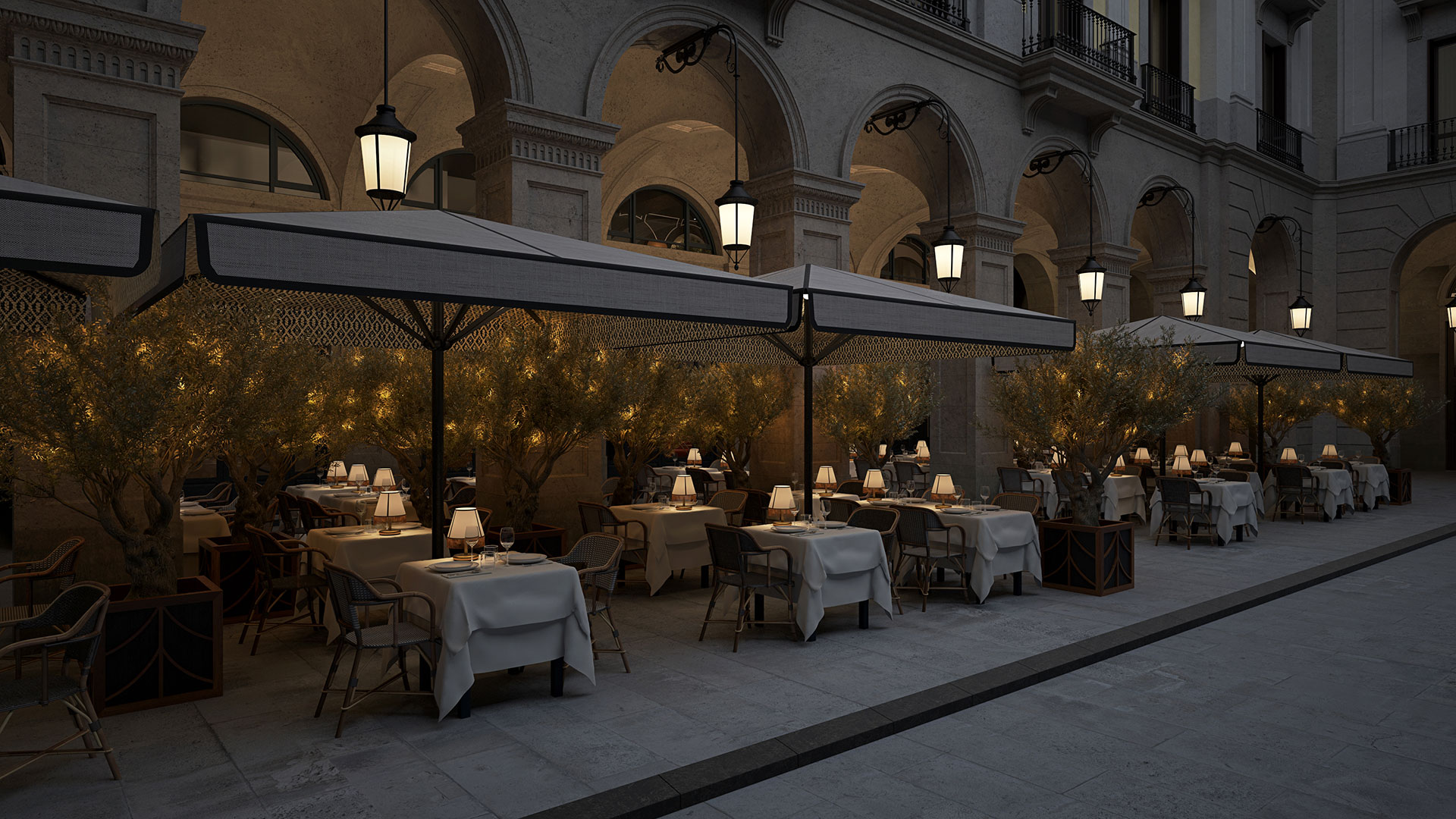 Diseño del restaurante Les 15 nits por Pablo Peyra Studio. Vista nocturna de la terraza exterior.